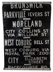 MELBOURNE TRAMWAYS DESTINATION ROLL, circa 1970, ESSENDON DEPOT, with destinations including North Melbourne, Ascot Vale, Maribyrnong River, Show Grounds, City via Haymarket, Essendon Depot, Brunswick, Parkville Levers Street; 100cm wide, 853cm long.