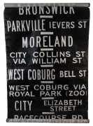 MELBOURNE TRAMWAYS DESTINATION ROLL, circa 1970, ESSENDON DEPOT, with destinations including North Melbourne, Ascot Vale, Maribyrnong River, Show Grounds, City via Haymarket, Essendon Depot, Brunswick, Parkville&nbsp;Levers Street; 100cm wide, 853cm long.