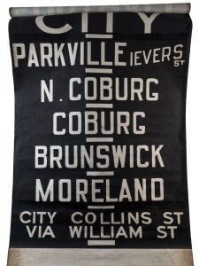 MELBOURNE TRAMWAYS DESTINATION ROLL, circa 1960s, ESSENDON DEPOT, with destinations including Hotel Mangrove St, Museum, North Melbourne, Football, Essendon-Niddrie, Abbotsford Street, Toorak; 101cm wide, 900cm long.