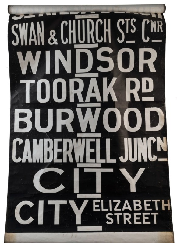 MELBOURNE TRAMWAYS DESTINATION ROLL, circa 1956, KEW DEPOT, with destinations including City Flinders & Spencer Sts Corner, Kew-Cotham Rd, Malvern Town Hall, Balaclava Junction, Deepdene, Balwyn, Hawthorn, Market Street; 101cm wide, 862cm long.