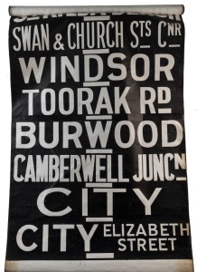 MELBOURNE TRAMWAYS DESTINATION ROLL, circa 1956, KEW DEPOT, with destinations including City Flinders & Spencer Sts Corner, Kew-Cotham Rd, Malvern Town Hall, Balaclava Junction, Deepdene, Balwyn, Hawthorn, Market Street; 101cm wide, 862cm long.