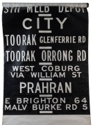 MELBOURNE TRAMWAYS DESTINATION ROLL, circa 1969, MALVERN DEPOT, with destinations including Elsternwick, Orrong Rd, Glenferrie Railway Station, St Kilda Beach via Balaclava Rd, East Malvern Darling Rd, Caulfield Railway Station; 100cm wide, 844cm long.