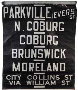 MELBOURNE TRAMWAYS DESTINATION ROLL, circa 1965, ESSENDON DEPOT, with destinations including Ordnance Factory, Ascot Vale, Maribyrnong River, Showgrounds, Footscray, Essendon Aerodrome, Toorak Glenferrie Rd, South Melbourne Depot; 101cm wide, 816cm long.
