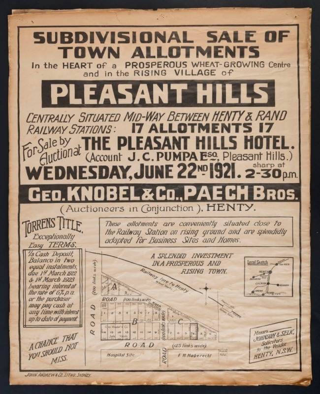 NEW SOUTH WALES: 1918 & 1921 land sub-division posters (Pleasant Hills, between Henty & Rand Railway Stations), together with contemporary parish maps for Munyabla, Milbrulong, Jerra Jerra, and Cookardinia, all in the districts of Wagga Wagga or Albury. A