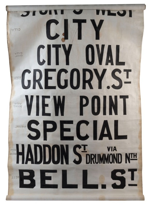 BALLARAT TRAM DESTINATION ROLL: circa 1960's Ballarat Depot, destinations including Victoria Street, Gardens via Sturt Street West, Mt Pleasant, Sebastopol, City Oval, View Point, Gregory Street, Bell Street; 101cm wide, 465cm long.