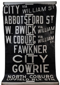 MELBOURNE TRAM DESTINATION ROLL: circa 1965, Brunswick Depot, destinations including East Coburg Moreland, Victoria Market, South Melbourne Beach, City via North Melbourne, Fawkner, Gowrie, Abbotsford Street; 100cm wide, 880cm long.