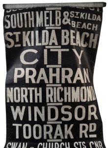 MELBOURNE TRAM DESTINATION ROLL: circa 1960s, Glenhuntly Depot, destinations including Football, Racecourse, Carnegie-Truganini Rd, Kew-Cotham Rd, St Kilda Junction, University, South Caulfield Junction via Dandenong Rd; 101cm wide, 826cm long. 