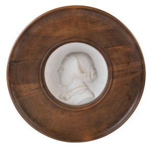 R. W. BUGG antique Australian Colonial portrait plaque of a lady, cast plaster in circular timber frame, circa 1860s, 22cm diameter, 45cm overall
