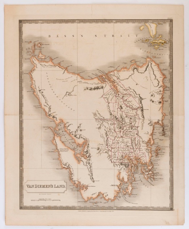 SIDNEY HALL, Van Diemen's Land, [Longman, Rees, Orme, Brown & Green, 1828], copper engraving with hand-coloured details. 59 x 48cm. Macquarie Harbour on the west coast on this map of Van Diemen’s Land is shown about three times the size of the real harbou