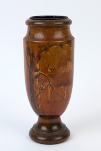 Hand-painted poker work vase with fairy wrens in landscape, circa 1925, 23cm high