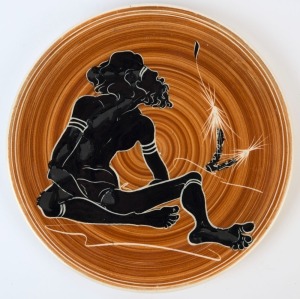 PICTON HOPKINS pottery platter with Aboriginal figure, signed "Picton Hopkins, Australia", 31.5cm diameter