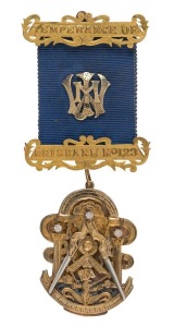 SOMERS of Brisbane MASONIC MEDAL. Fine 9ct gold example set with three brilliant cut diamonds, stamped "TEMPERANCE, BRISBANE, NO.123" and engraved on the reverse "Pres. To Wor. Bro. J.M. WALLACE R.M. As A Token Of Esteem By The Brethren, 6/8/55", stamped 
