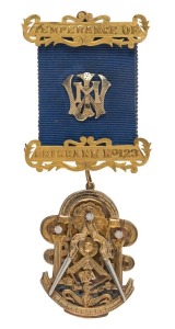 SOMERS of Brisbane MASONIC MEDAL. Fine 9ct gold example set with three brilliant cut diamonds, stamped "TEMPERANCE, BRISBANE, NO.123" and engraved on the reverse "Pres. To Wor. Bro. J.M. WALLACE R.M. As A Token Of Esteem By The Brethren, 6/8/55", stamped " SOMERS, 9ct", 12cm high overall, 24.5 grams total weight