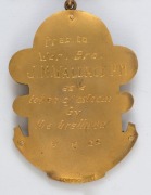 SOMERS of Brisbane MASONIC MEDAL. Fine 9ct gold example set with three brilliant cut diamonds, stamped "TEMPERANCE, BRISBANE, NO.123" and engraved on the reverse "Pres. To Wor. Bro. J.M. WALLACE R.M. As A Token Of Esteem By The Brethren, 6/8/55", stamped - 2