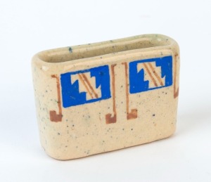 JAN CRESSWELL unusual pottery vase with Art Deco geometric designs, incised "Jan Cresswell", 5cm high, 7.5cm wide