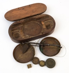 Antique gold scales and weights in a carved solid Australian cedar box, New South Wales origin, 19th century, 18cm wide
