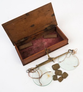Antique gold scales in cedar case with glass pans and attractive lozenge weights, 19th century, the box 18cm wide. PROVENANCE: Private Collection Bendigo