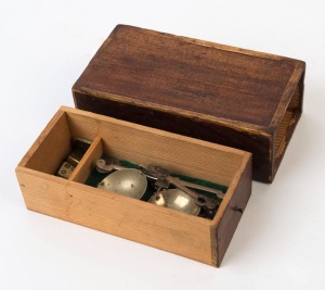 ASSAY gold scales in dark stained timber case with assorted weights, 19th century, the box 13.5cm wide. PROVENANCE: Private Collection Bendigo