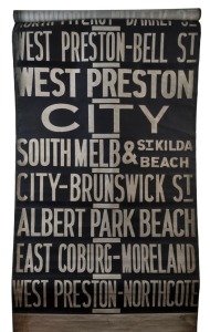 MELBOURNE TRAM DESTINATION ROLL: Hanna Street Depot, circa 1960s, destinations including Hotel-Mangrove St, Museum, South Melbourne, Flinders St, City via Williams St, Moreland, Camberwell; 99cm wide, 900cm long.