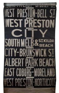 MELBOURNE TRAM DESTINATION ROLL: Hanna Street Depot, circa 1960s, destinations including Hotel-Mangrove St, Museum, South Melbourne, Flinders St, City via Williams St, Moreland, Camberwell; 99cm wide, 900cm long. 