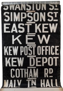 MELBOURNE TRAM DESTINATION ROLL: Camberwell Depot, circa 1960s, destinations/routes including, Glenelg, Olympic Park, Football, Camberwell Junction, Hawthorn Depot, Cotham Rd, City, Chapel St, Richmond; 100cm wide, 104cm long.