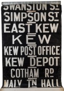 MELBOURNE TRAM DESTINATION ROLL: Camberwell Depot, circa 1960s, destinations/routes&nbsp;including, Glenelg, Olympic Park, Football, Camberwell Junction, Hawthorn Depot, Cotham Rd, City, Chapel St, Richmond; 100cm wide, 104cm long.