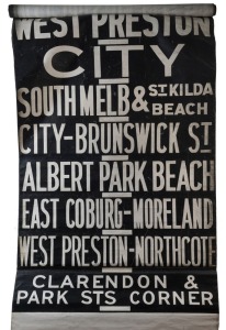 MELBOURNE TRAM DESTINATION ROLL: South Melbourne Depot, circa 1965, destinations/routes including East Malvern-Darling Rd, Carnegie, East Brighton via Caulfield, Flinders St, West Coburg via Williams St, South Melb-St Kilda Beach, Clarendon & Park Sts Cnr; 100cm wide, 866cm long.
