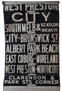 MELBOURNE TRAM DESTINATION ROLL: South Melbourne Depot, circa 1965, destinations/routes including East Malvern-Darling Rd, Carnegie, East Brighton via Caulfield, Flinders St, West Coburg via Williams St, South Melb-St Kilda Beach, Clarendon & Park Sts Cnr