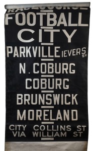 MELBOURNE TRAMWAYS DESTINATION ROLL, circa 1963, ESSENDON DEPOT, with destinations including Ordnance Factory, MBR River, Showgrounds, Victoria Market, Essendon Station, Essendon Aerodomre, North Coburg, Football; 100cm wide, 822cm long.