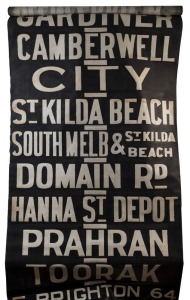 MELBOURNE TRAMWAYS DESTINATION ROLL, circa 1962, MALVERN DEPOT, with destinations including St Kilda Beach via Dandenong Rd, Balaclava Station, St Kilda Rd, Kew-Cotham Rd, City via Williams, University, South Melbourne & St Kilda Beach; 100cm wide, 825cm long.