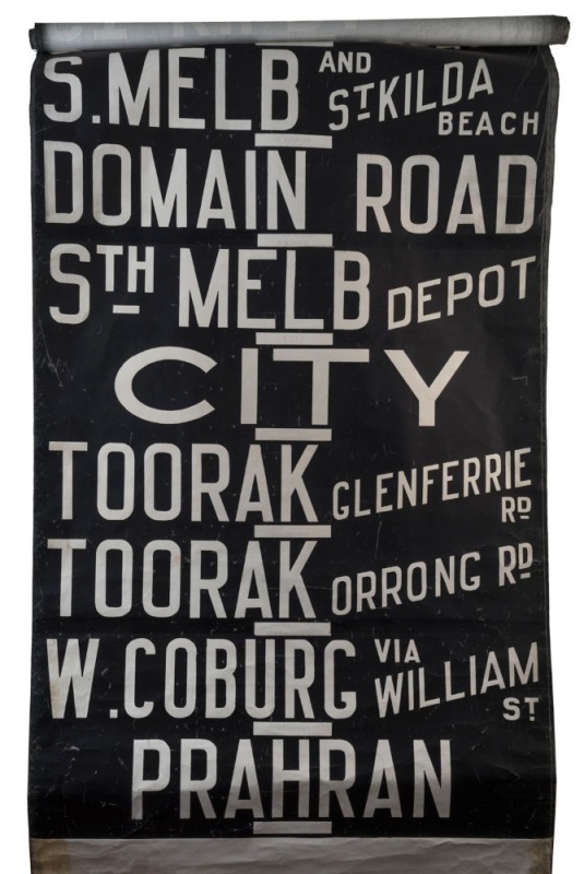 MELBOURNE TRAMWAYS DESTINATION ROLL, circa 1967, MALVERN DEPOT, with destinations including Football, Elsternwick, Orrong Road, East Malvern Darling Rd, Wattletree Rd Cnr, Tooronga Rd, Glen Iris, Lonsdale Street, Gardiner, South Melbourne Depot; 102cm wid