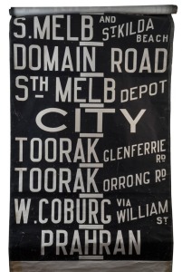 MELBOURNE TRAMWAYS DESTINATION ROLL, circa 1967, MALVERN DEPOT, with destinations including Football, Elsternwick, Orrong Road, East Malvern Darling Rd, Wattletree Rd Cnr, Tooronga Rd, Glen Iris, Lonsdale Street, Gardiner, South Melbourne Depot; 102cm wide, 827cm long.