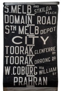 MELBOURNE TRAMWAYS DESTINATION ROLL, circa 1967, MALVERN DEPOT, with destinations including Football, Elsternwick, Orrong Road, East Malvern Darling Rd, Wattletree Rd Cnr, Tooronga Rd, Glen Iris, Lonsdale Street, Gardiner, South Melbourne Depot; 102cm wid