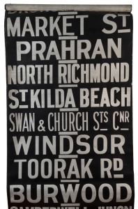 MELBOURNE TRAMWAYS DESTINATION ROLL, circa 1950s, KEW DEPOT, with destinations including City Flinders &Spencer Sts Cnr, Malvern Town Hall, Balaclava Railway Station, City via LaTrobe Street, Racecourse, North Richmond, Swan and Church Street Cnr; 100cm wide, 842cm long.