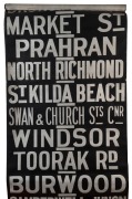 MELBOURNE TRAMWAYS DESTINATION ROLL, circa 1950s, KEW DEPOT, with destinations including City Flinders &Spencer Sts Cnr, Malvern Town Hall, Balaclava Railway Station, City via LaTrobe Street, Racecourse, North Richmond, Swan and Church Street Cnr; 100cm w