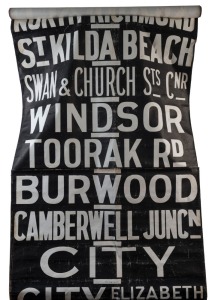 MELBOURNE TRAMWAYS DESTINATION ROLL, circa 1950s, KEW DEPOT, with destinations including Kew-Cotham Rd, Gisborne Street, Football, Mont Albert, Victoria Bridge, City via LaTrobe Street, East Kew, Hanna Street Depot, Windsor, City Elizabeth Street; 101cm wide, 910cm long.