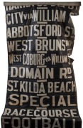 MELBOURNE TRAM DESTINATION ROLL: circa 1950s, Essendon Depot, destinations including Ordnance Factory, North Melbourne, Ascot Vale, Showgrounds, Victoria Market, Essendon Station, Hanna Street Depot, West Brunswick, Football; 102cm wide, 679cm long.