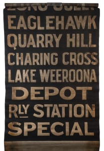 BENDIGO TRAM DESTINATION ROLL: circa 1960s, destinations including Golden Square, Long Gully, Eaglehawk, Quarry Hill, Charing Cross, Lake Weeroona, Railway Station; 102cm wide, 362cm long.