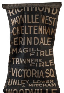 ADELAIDE TRAM DESTINATION ROLL: circa 1950's, MTT F-Type Drop Centre, destinations including Croydon, Keswick, West Terrace, Goodwood, Paradise, Mogill, Rostrevor, Norwood, St Peters via Sixth Avenue, Maylands; 95cm wide, 1470cm long.