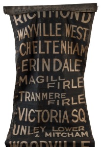 ADELAIDE TRAM DESTINATION ROLL: circa 1950's, MTT F-Type Drop Centre, destinations including Croydon, Keswick, West Terrace, Goodwood, Paradise, Mogill, Rostrevor, Norwood, St Peters via Sixth Avenue, Maylands; 95cm wide, 1470cm long.