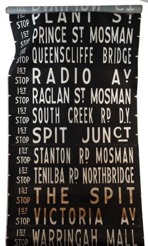 SYDNEY BUS DESTINATION ROLL: circa 1970's, Inner North suburbs, destinations including Balaclava Rd Eastwood, Circular Quay, Cricket and Sports Grounds, Garden Island, Kings Cross, Railway Square, White Bay, Woolloomooloo, Crows Nest; 85cm wide, 972cm lon