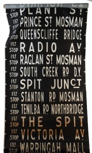 SYDNEY BUS DESTINATION ROLL: circa 1970's, Inner North suburbs, destinations including Balaclava Rd Eastwood, Circular Quay, Cricket and Sports Grounds, Garden Island, Kings Cross, Railway Square, White Bay, Woolloomooloo, Crows Nest; 85cm wide, 972cm long.