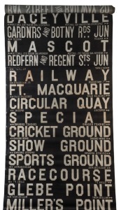 SYDNEY BUS DESTINATION ROLL: circa 1960's, Botany & inner South, destinations including Darlinghurst, Bondi Junction, Paddington, Coogee Beach, Randwick, Circular Quay, Cricket Ground, Ft Macquarie, Botany, Waterloo; 79cm wide, 590cm long.