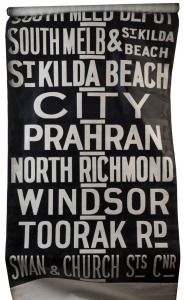 MELBOURNE TRAM DESTINATION ROLL: circa 1965, Glenhuntly Depot, destinations including Museum, Racecourse, Glenhuntly Railway Station, Lonsdale Street, South Melbourne Depot, Malvern Town Hall, Caulfield-Balaclava Junction; 101cm wide, 905cm long.
