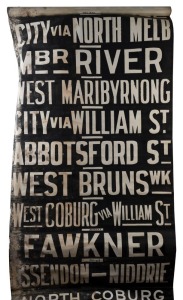MELBOURNE TRAM DESTINATION ROLL: circa 1950s, Brunswick Depot, destinations including Coburg, Victoria Market, South Melbourne & St Kilda Beach, Domain Rd, Showgrounds, Fawkner, North Coburg, Upfield Railway Station; 100cm wide, 810cm long.