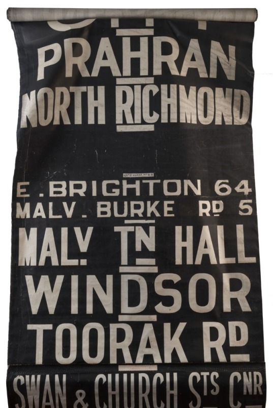 MELBOURNE TRAM DESTINATION ROLL: circa 1964, South Melbourne Depot destinations including Point Ormond, Elsternwick, Glenhuntly Railway Station, Windsor, St Kilda Beach, South Melbourne, East Brighton via Caulfield; 101cm wide, 882cm long.