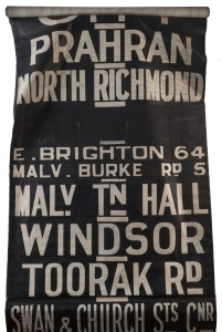 MELBOURNE TRAM DESTINATION ROLL: circa 1964, South Melbourne Depot destinations including Point Ormond, Elsternwick, Glenhuntly Railway Station, Windsor, St Kilda Beach, South Melbourne, East Brighton via Caulfield; 101cm wide, 882cm long.