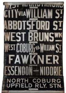 MELBOURNE TRAM DESTINATION ROLL: circa 1950's, Brunswick Depot, destinations including East Coburg-Moreland, Coburg, City, Victoria Market, Racecourse, Showgrounds, East Brunswick, Toorak, Moonee Ponds; 102cm wide, 880cm long.