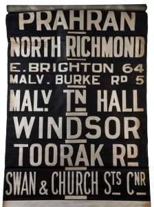 MELBOURNE TRAM DESTINATION ROLL: circa 1950's, Glenhuntly Depot, destinations including Point Ormond, East Malvern-Darling Rd, Carnegie, University, North Richmond, Malvern, East Brighton 64, Malvern-Burke Rd 5, Malvern Town Hall; 101cm wide, 900cm long. 