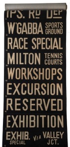 BRISBANE TRAM DESTINATION ROLL: circa 1960's, Brisbane City Council, destinations including Ascot Oriel Park, Barton Rd, Clayfield, Salisbury, West End, Breakfast Creek, Kalinga, W'Gabba Sports Ground, Exhibition Special via Valley Junction; 66cm wide, 1411cm long.